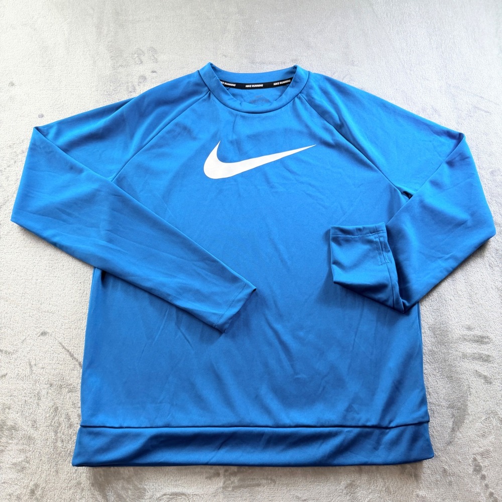 Nike Running Dri-Fit Long Sleeve Blue Swoosh Graphic Shirt Women's Medium